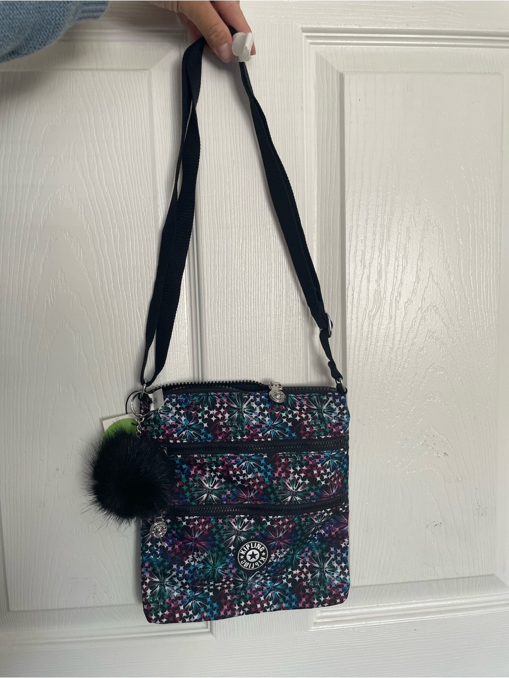 NWT Kipling Black Strap Multi-Color Crossbody with Gorilla Pom